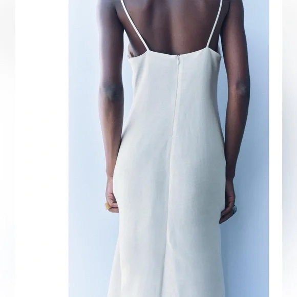 Zara White Linen Blend A-Line Midi Dress Round neckline strap ZW Cotton S NWT - Picture 6 of 16